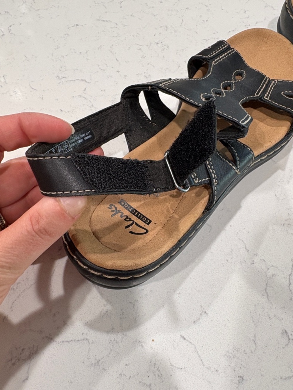 Clarks Black Leather Slingback Sandals with Tan Footbed - Picture 8 of 8
